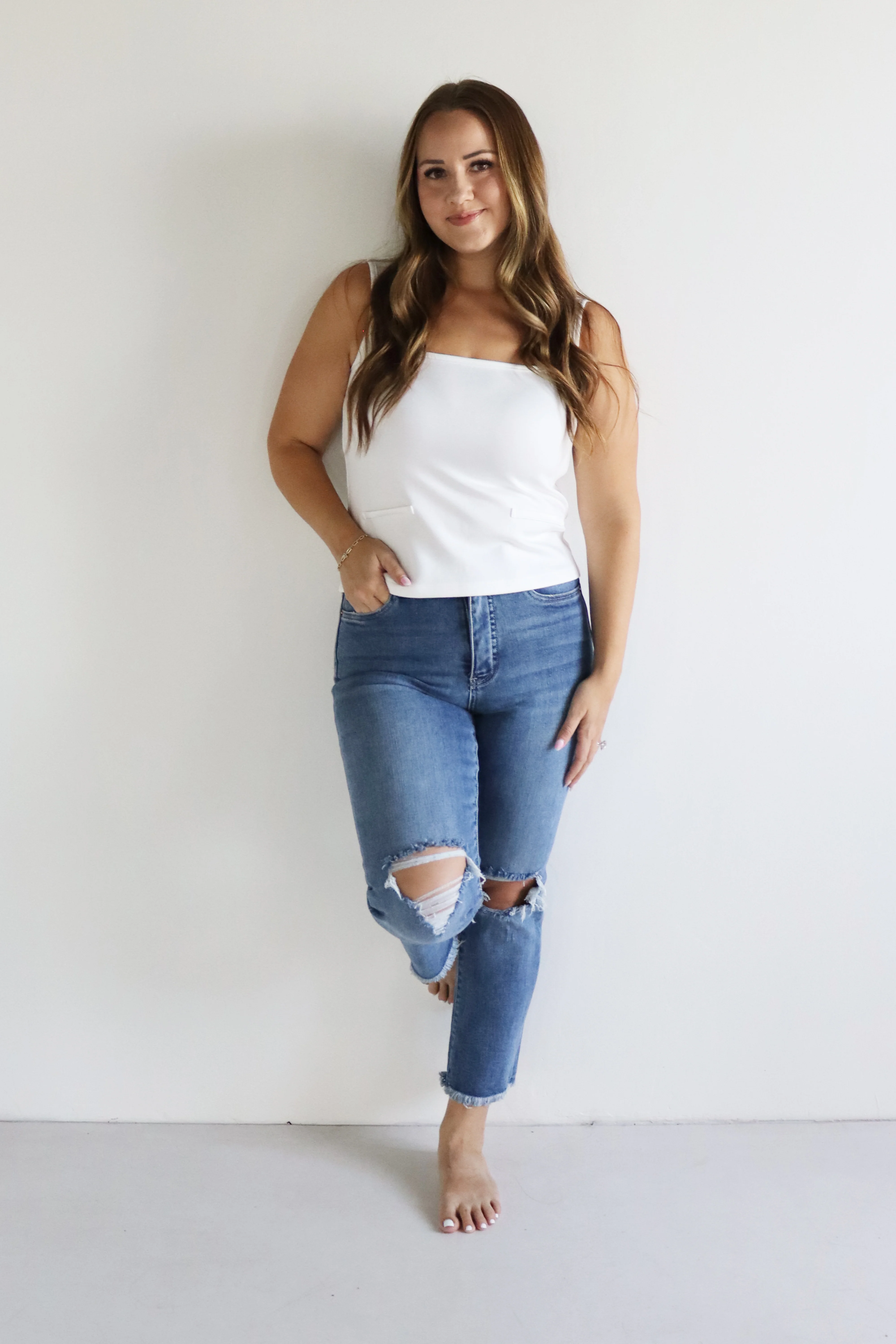 Ankle Crop Straight Jeans - Medium Stone Distressed - Image 3
