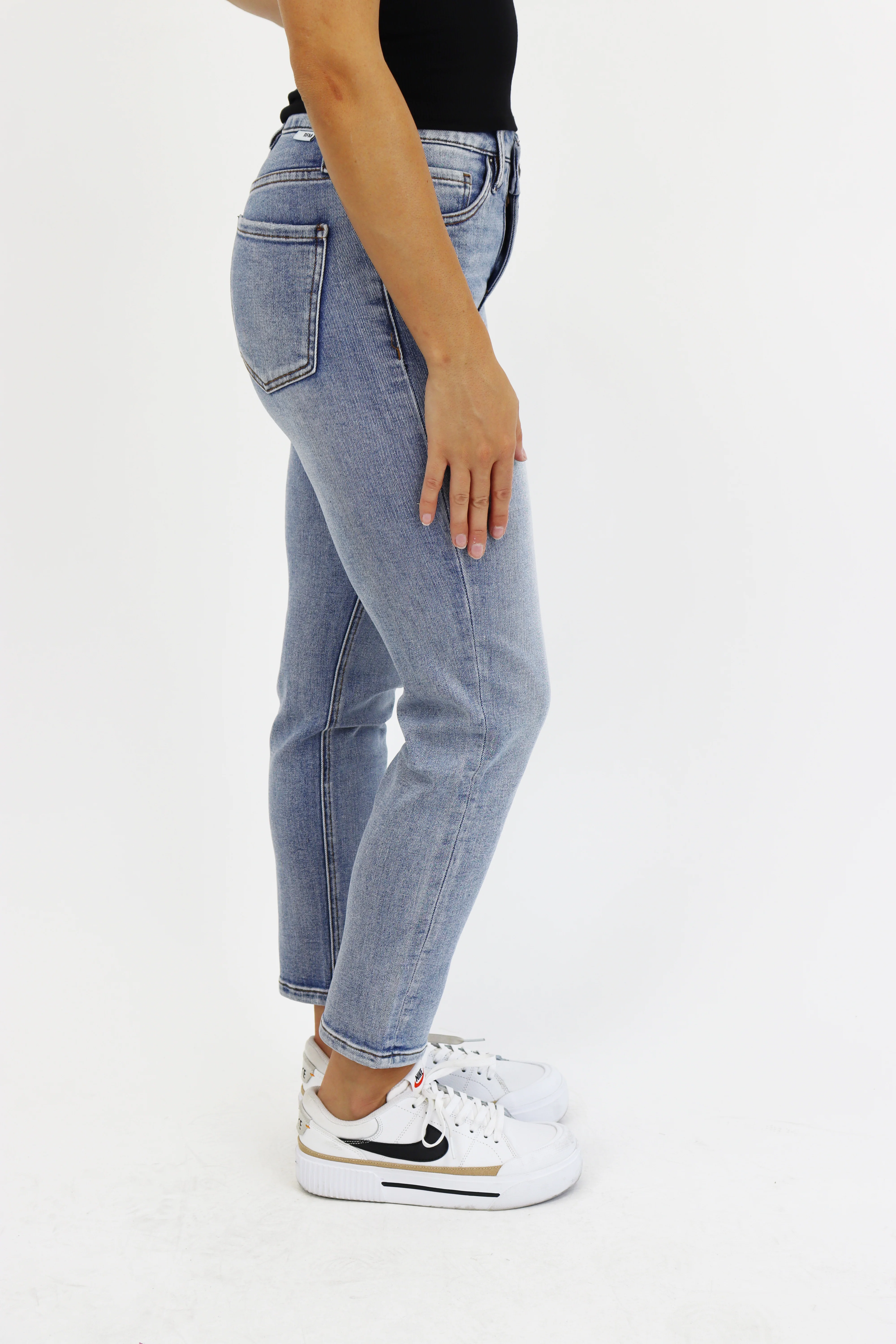 Cross Button Ankle Crop Slim Straight Jeans - Vintage Wash - Image 3