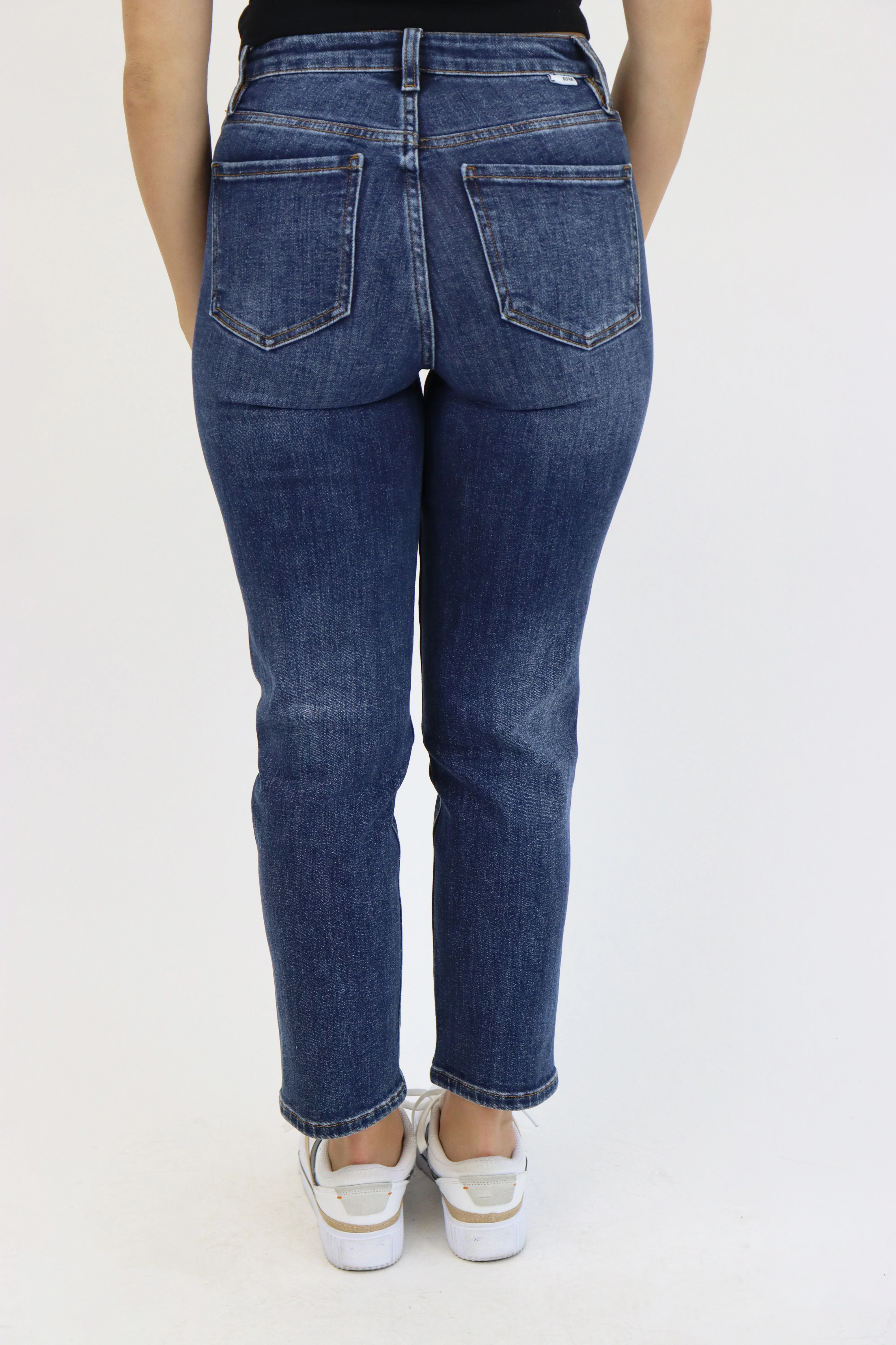 Cross Button Ankle Crop Slim Straight Jeans - Dark Wash - Image 3