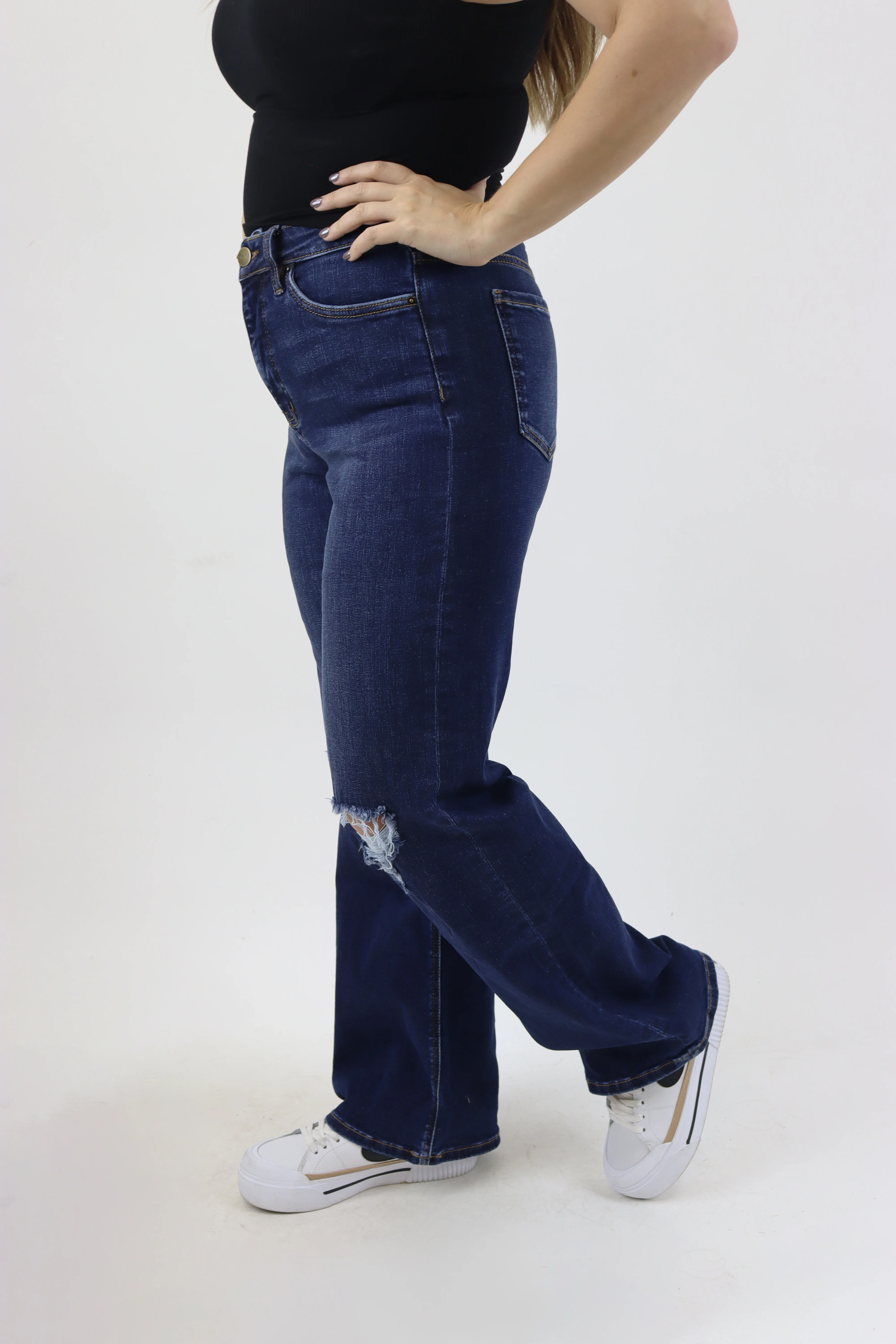 Wide Leg Jeans - Dark Wash Distressed - Image 3