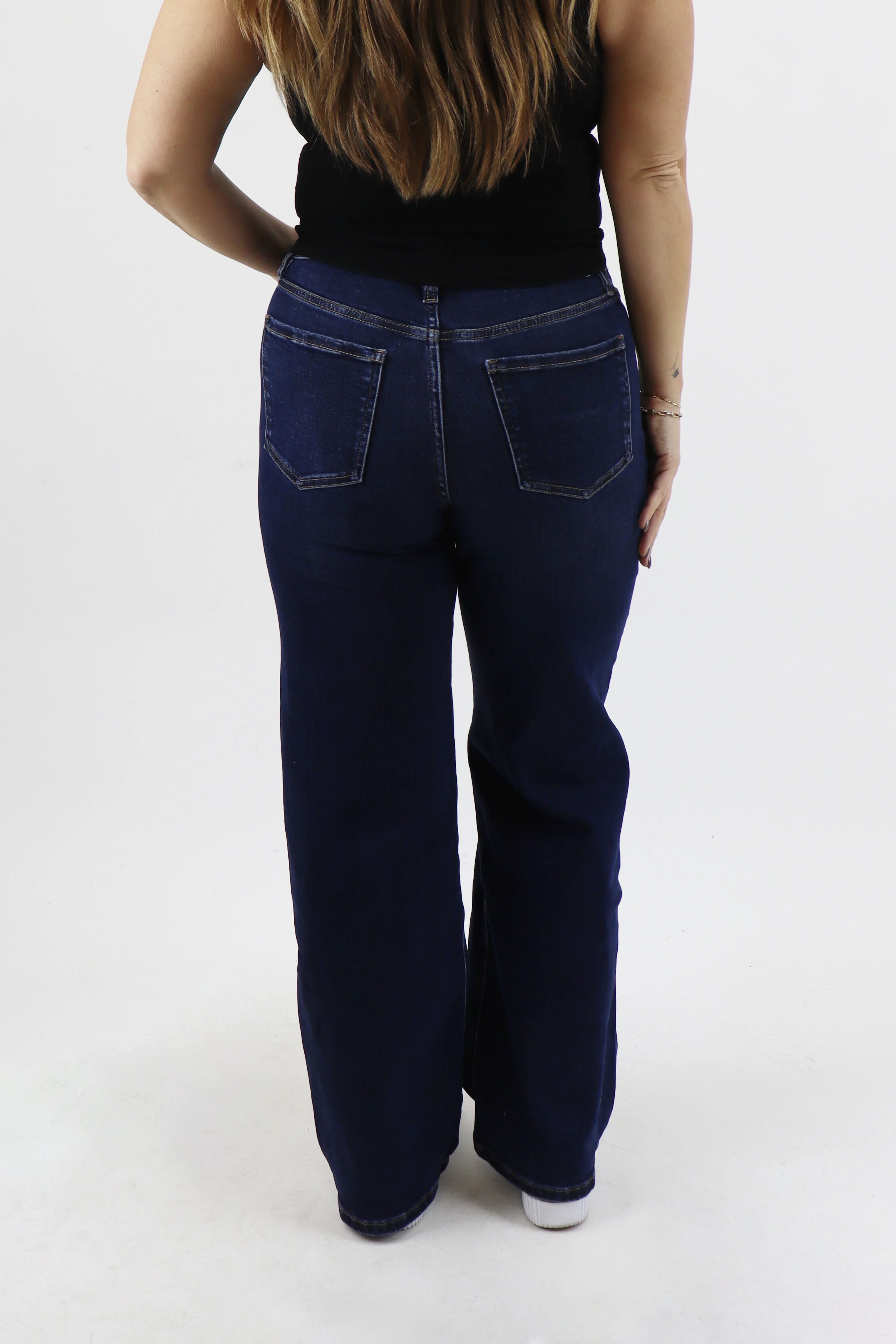 Wide Leg Jeans - Dark Wash Distressed - Image 4