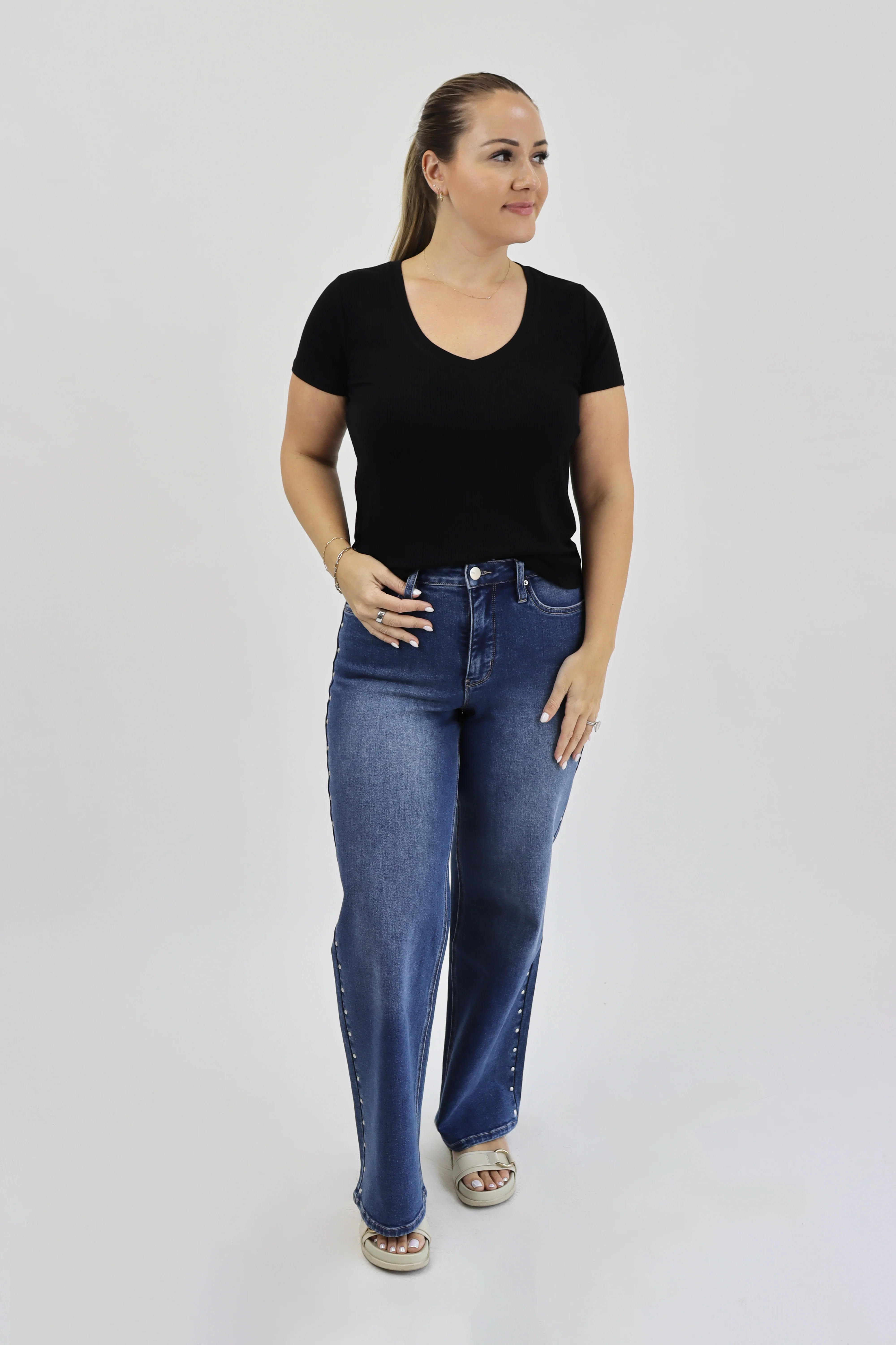 Wide Leg Jeans - Medium Wash - Studded - Image 3
