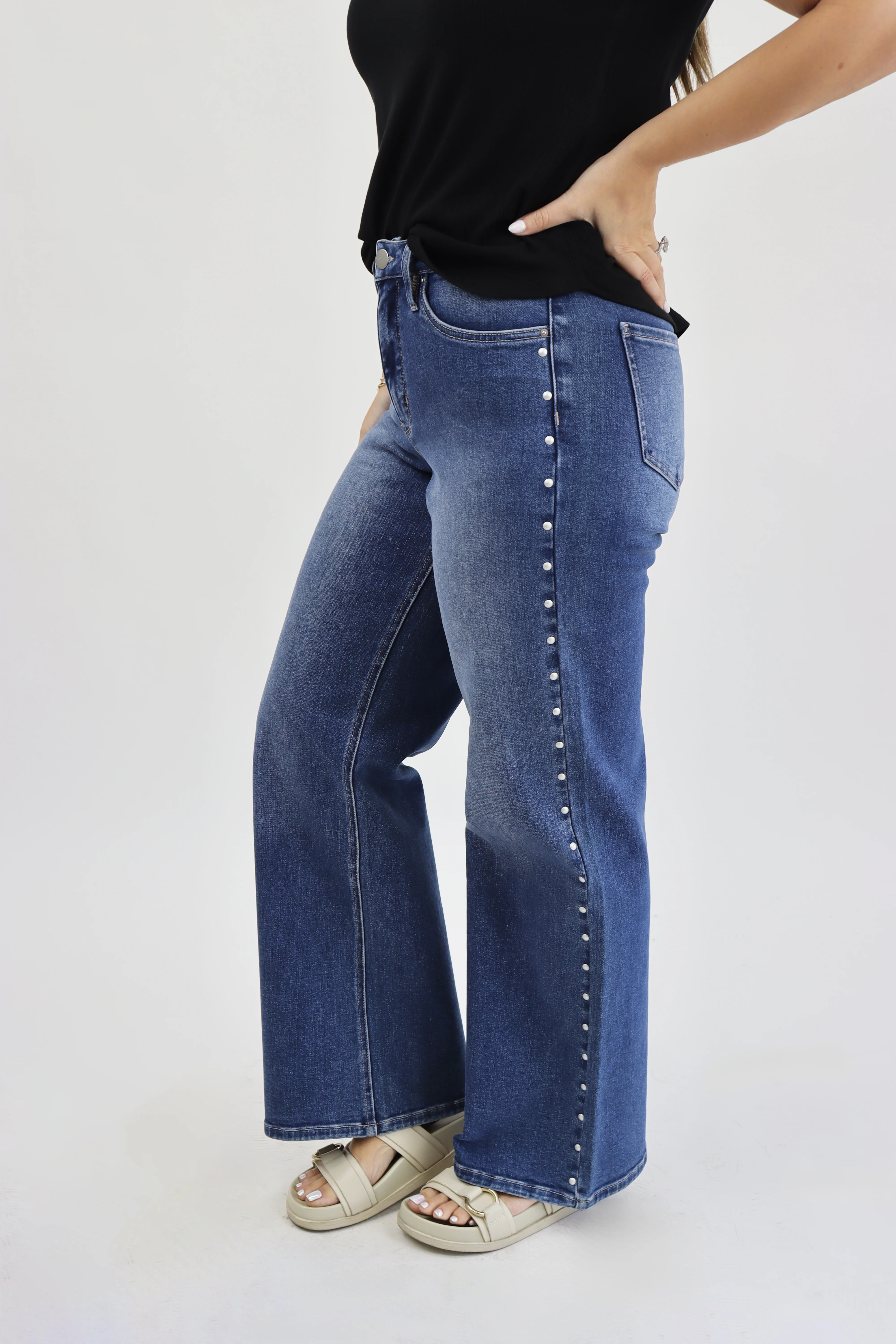 Wide Leg Jeans - Medium Wash - Studded - Image 5